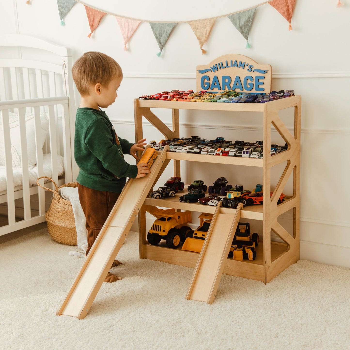 Large Toy Car Storage Garage, Personalized Wooden Car Display Shelf, Holds 100+ Cars, Birthday Boy Gift