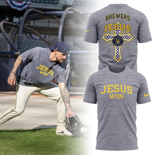Milwaukee Brewers JESUS WON Thank You Jesus T-Shirt Baseball Gifts For Christians