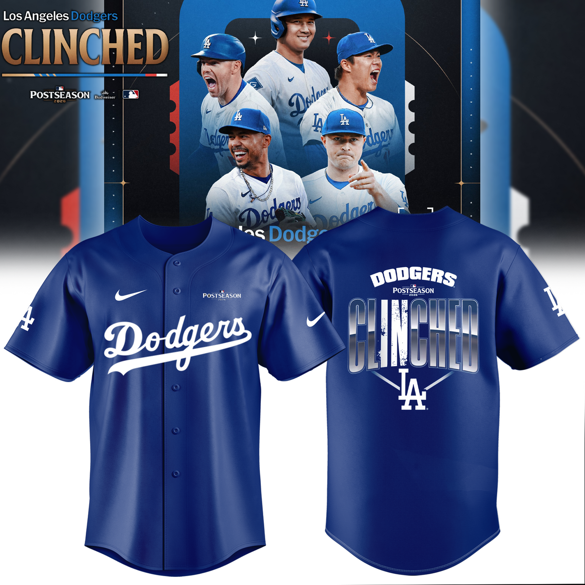Limited Edition Los Angeles Dodgers Clinched Postseason 2026 Baseball Jersey | XM13