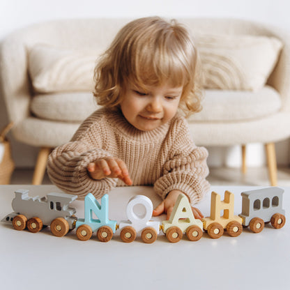 Personalized Wooden Train with Magnetic Carriages - Baby Name Puzzle Train - Fine Motor Skills Toy