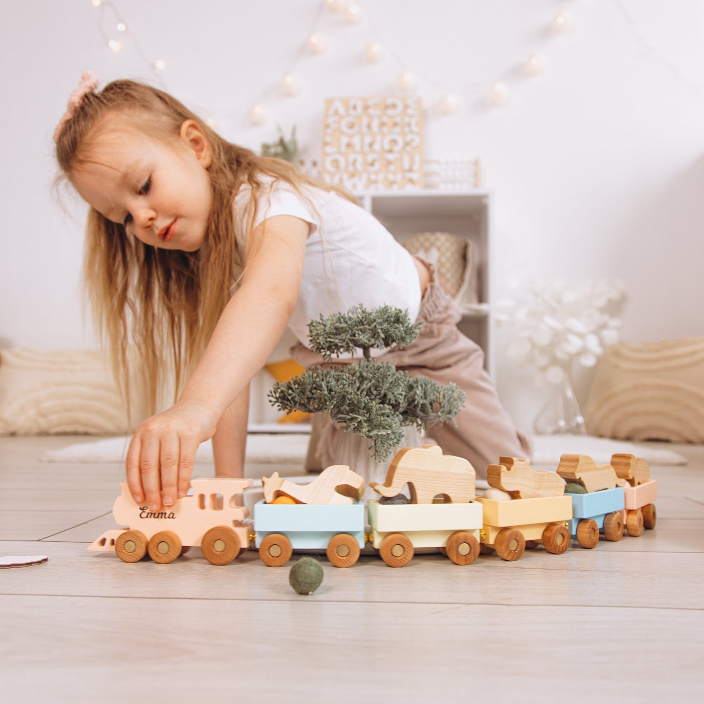 Personalized Wooden Animal Train, Custom Train Toy with Name, Montessori Pull Toy, Safari Baby Gift