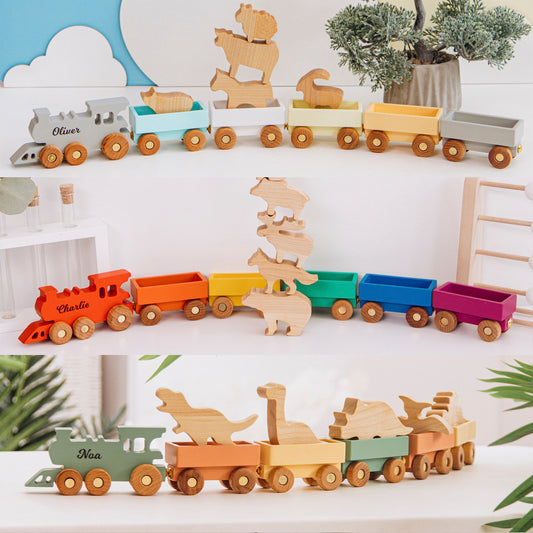 Wooden Toy Train With Set of Animals Personalized Name Gift For Kids 1st Birthday Boy and Girl Gift For Toddlers Sensory Toys Nursery Decor