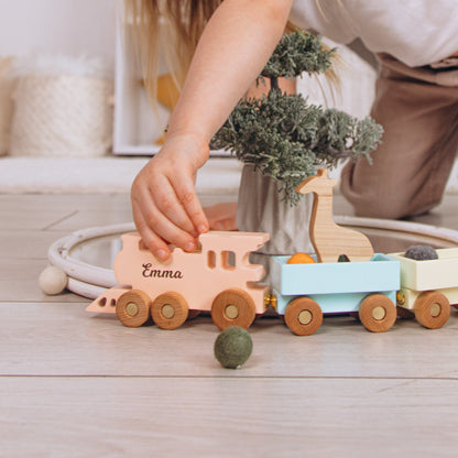 Wooden Toy Train With Set of Animals Personalized Name Gift For Kids 1st Birthday Boy and Girl Gift For Toddlers Sensory Toys Nursery Decor