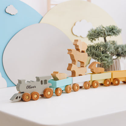 Wooden Toy Train With Set of Animals Personalized Name Gift For Kids 1st Birthday Boy and Girl Gift For Toddlers Sensory Toys Nursery Decor