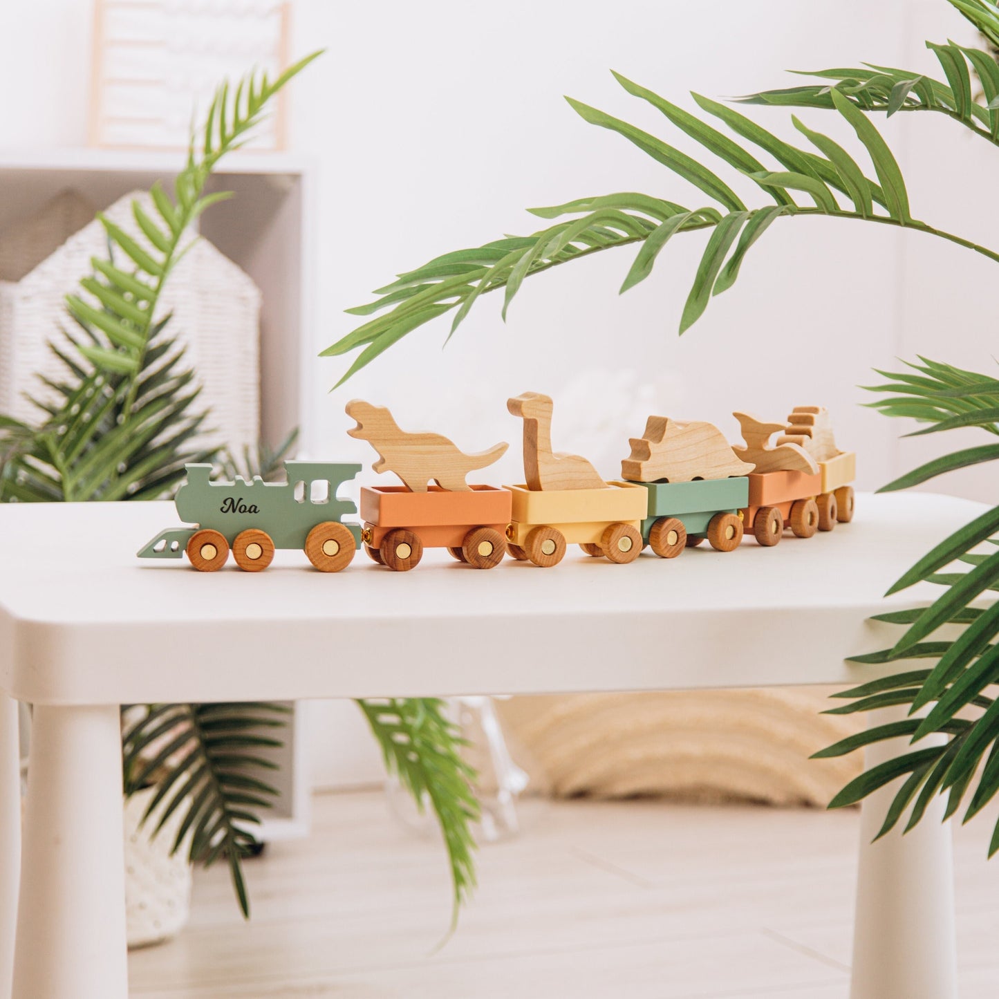 Personalized Train Dinosaur Birthday Gift Freight Train With Animals Wooden Toys For Toddlers Kids Pretend Play Fidget Toys Baptism Gift