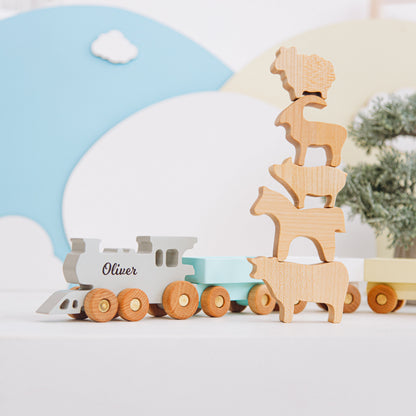 Wooden Farmer Train With Name Additional Set of Animals Custom Train Personalized Baby Boy Gift Sensory Toys Fidget Toys For Toddlers