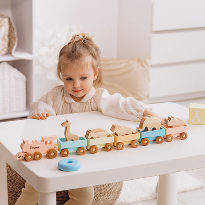 Wooden Farmer Train With Name Additional Set of Animals Custom Train Personalized Baby Boy Gift Sensory Toys Fidget Toys For Toddlers
