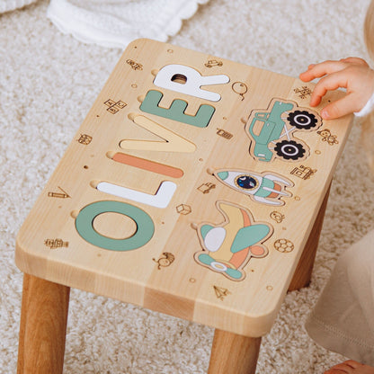 Personalized Toddler Step Stool Wooden Name Puzzle Stool Baptism Girl Gift 1 2 3 Year Old Gift Kids Helper Chair Custom Birthday Gifts