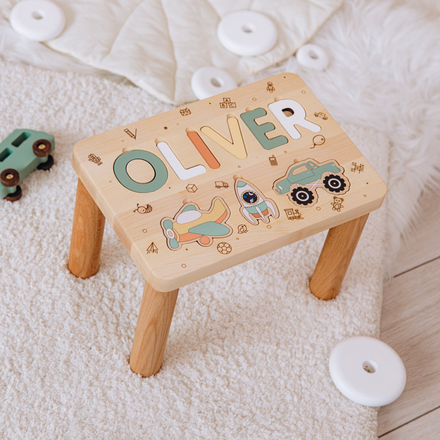 Custom Name Puzzle Stool Puzzle Step Stool First Birthday Gift Baby Keepsake Handcrafted Educational Gift Unique Toddler Toy Natural Wood