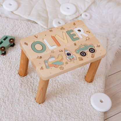 Children's Personalized Step Stool with Puzzle Piece Design Name Bench Kids Stool Baby Shower Gift 1st Birthday Engraved Birthday Present