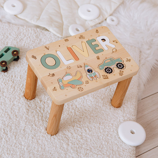 Children's Personalized Step Stool with Puzzle Piece Design Name Bench Kids Stool Baby Shower Gift 1st Birthday Engraved Birthday Present