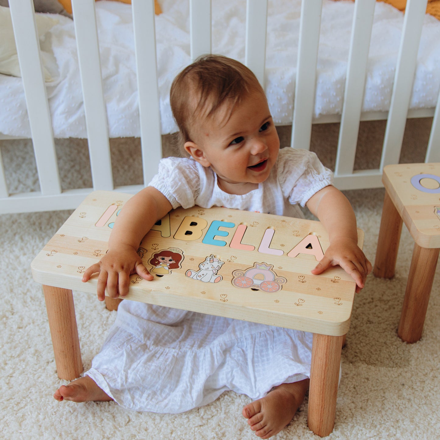 Custom Name Puzzle Stool Puzzle Step Stool First Birthday Gift Baby Keepsake Handcrafted Educational Gift Unique Toddler Toy Natural Wood