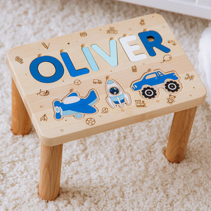 Personalized Toddler Step Stool Wooden Name Puzzle Stool Baptism Girl Gift 1 2 3 Year Old Gift Kids Helper Chair Custom Birthday Gifts
