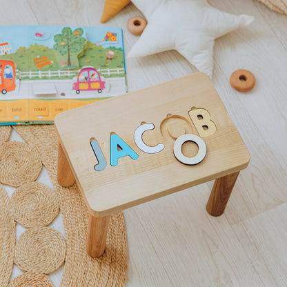 Name Puzzle Step Stool Bench Toddler Step Stool with Puzzle Baby Boy Birthday Gif Baby Shower Gift Wooden Toddler Chair Gifts For Kids