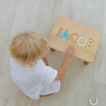 Wooden Montessori Name Puzzle Stool - Custom Birthday & Christmas Gift For Kids