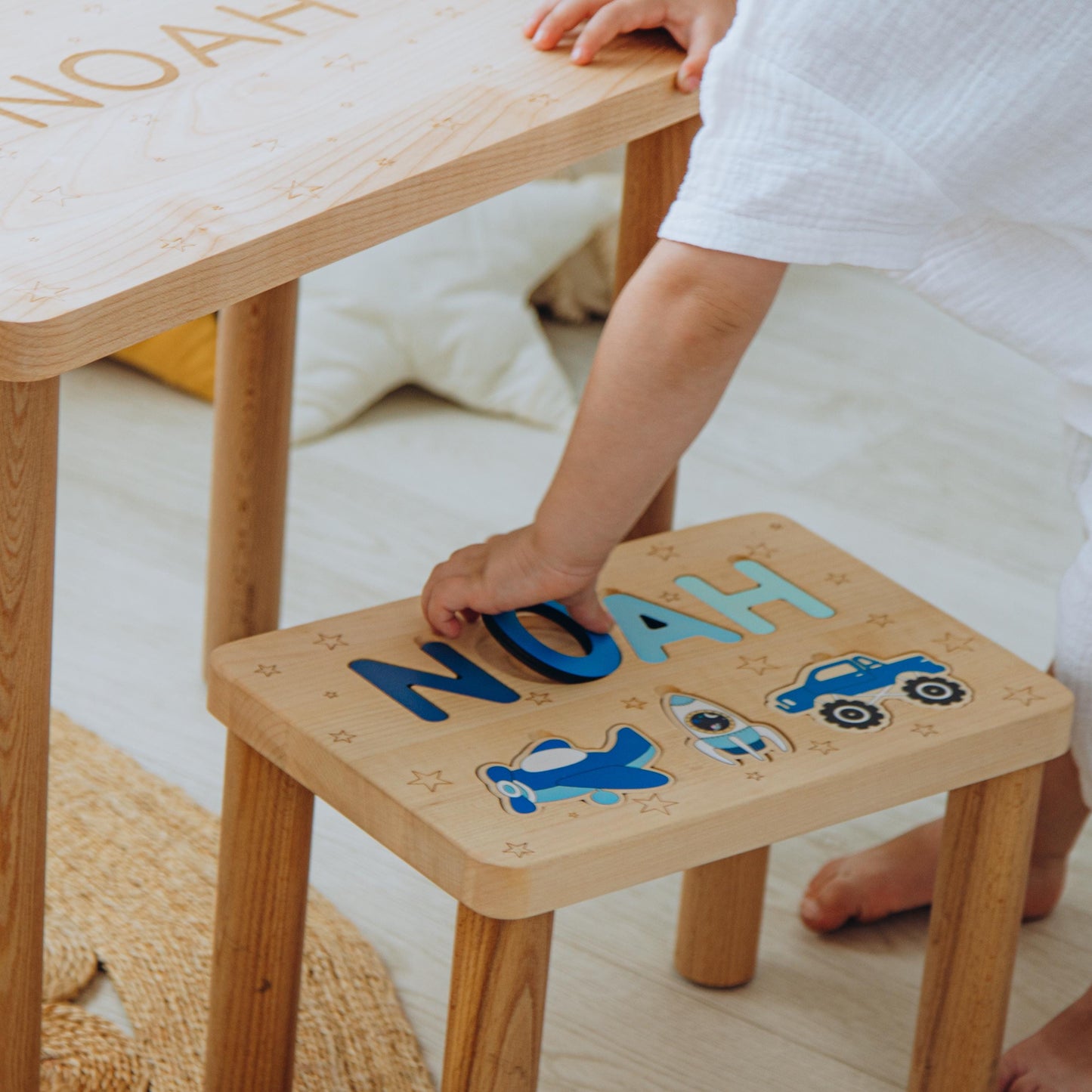 Pastel Blue Name Puzzle Step Stool Wooden Toddler Chair 1 2 3 Year Old Gift Personalized Baby Gift First Easter Baptism Boy Grandson Gift