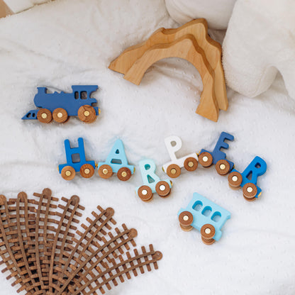 Blue Train With Name, Wooden Letter Train, Baby Boy Birthday Gift, Personalized Toy Train, Fidget Toys For Toddlers, Train With Railway