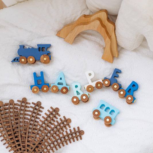 Blue Train With Name, Wooden Letter Train, Baby Boy Birthday Gift, Personalized Toy Train, Fidget Toys For Toddlers, Train With Railway