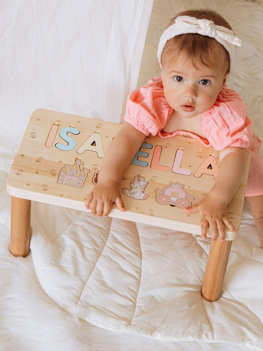 Personalized Toddler Step Stool Wooden Name Puzzle Stool Baptism Girl Gift 1 2 3 Year Old Gift Kids Helper Chair Custom Birthday Gifts