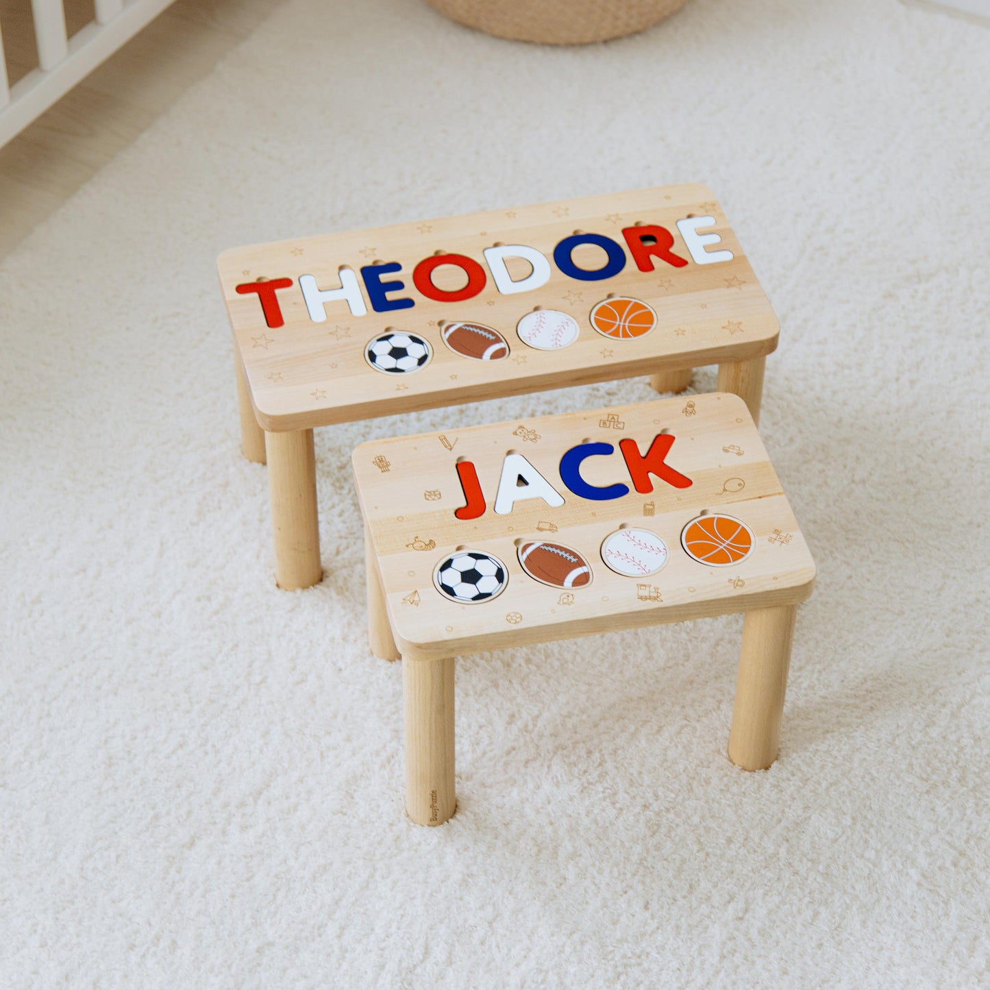 High Quality Name Puzzle Stool - Wooden Step Stool For Toddlers - Personalized Easter Gift For Grandson - Sport Nursery Decor