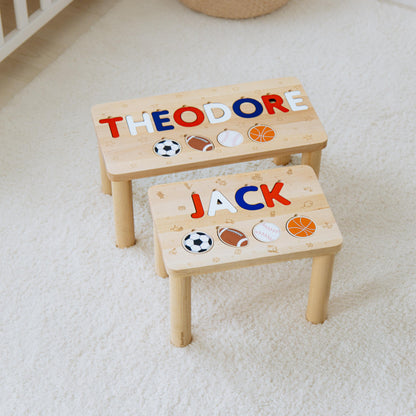 High Quality Name Puzzle Stool - Wooden Step Stool For Toddlers - Personalized Easter Gift For Grandson - Sport Nursery Decor