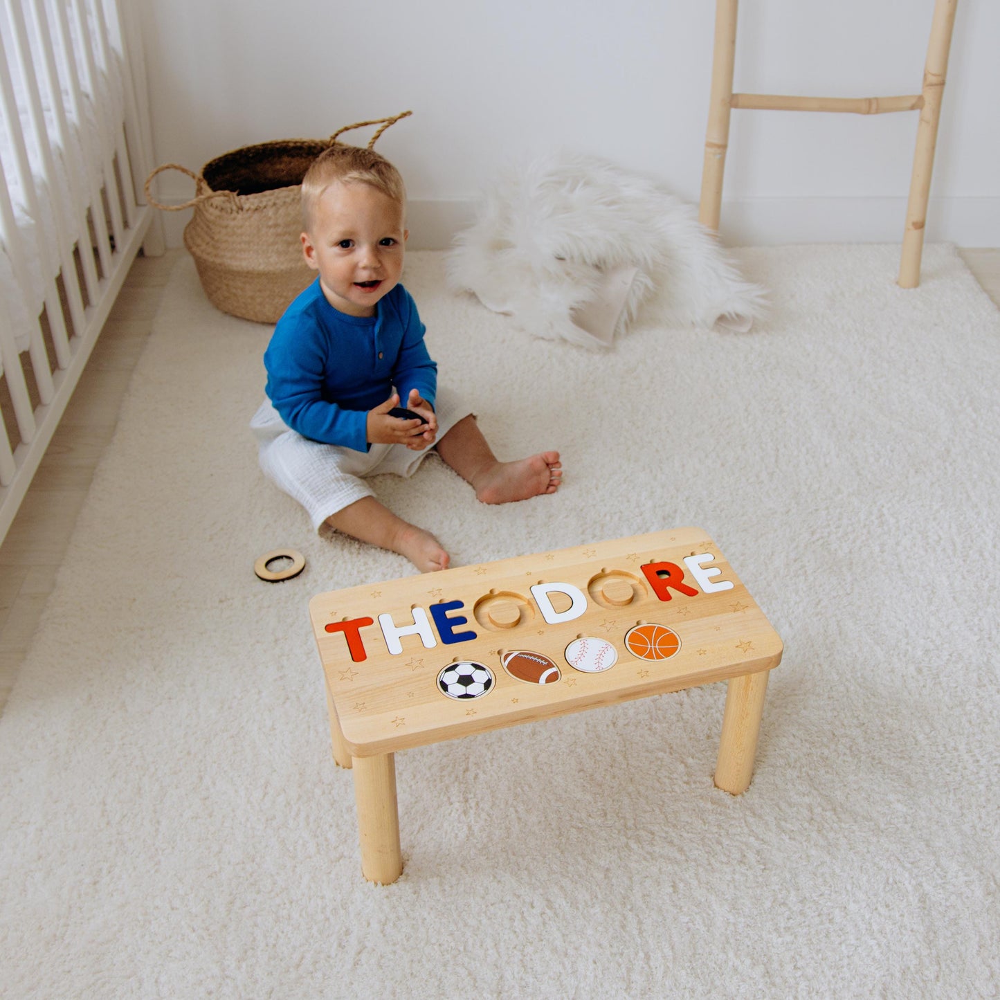 High Quality Name Puzzle Stool - Wooden Step Stool For Toddlers - Personalized Easter Gift For Grandson - Sport Nursery Decor