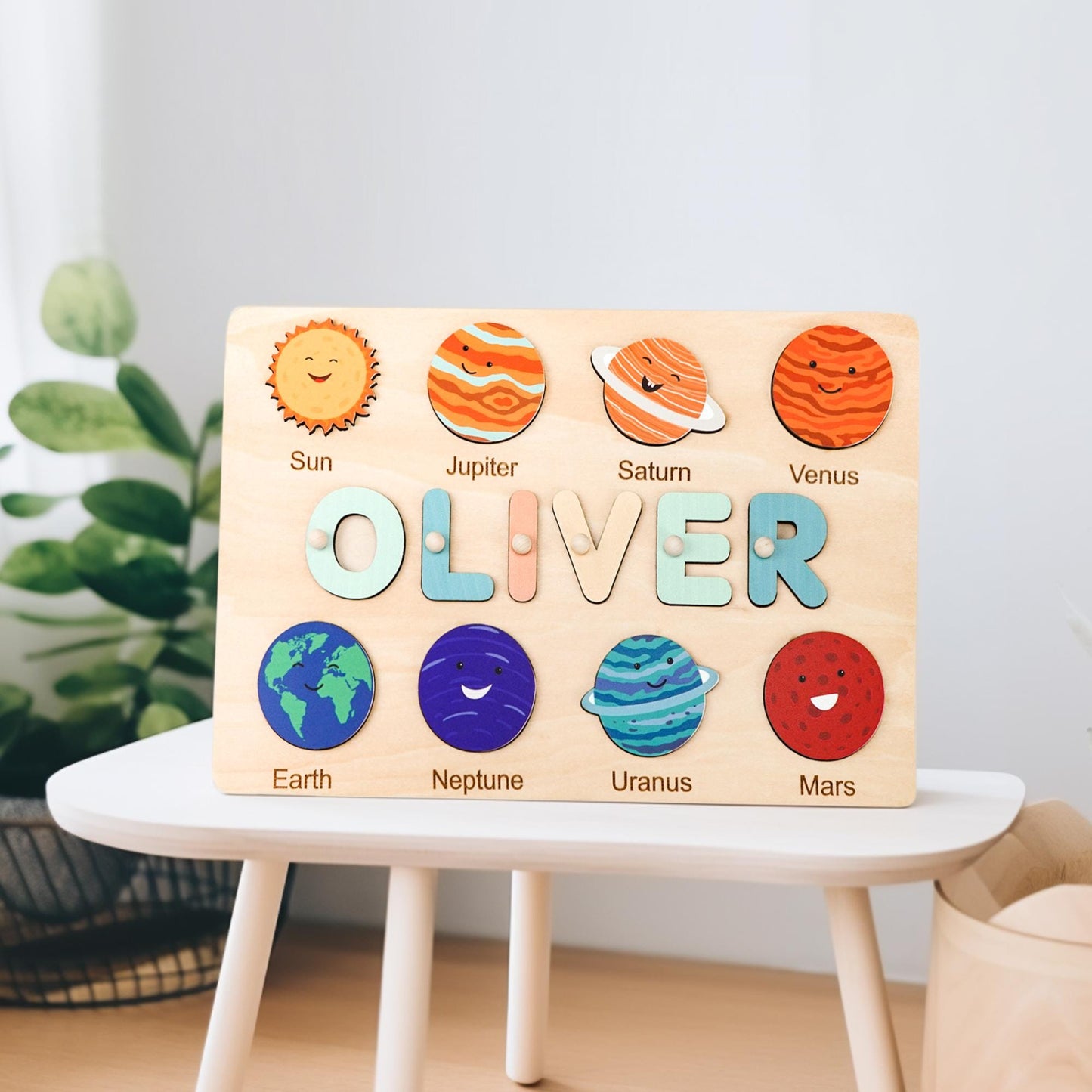 Personalized Baby Name Puzzle, Custom Kids Busy Board, Early Learning Puzzle, 1st Birthday Gift, 1st Christmas Gift, Wood Baby Planet Puzzle