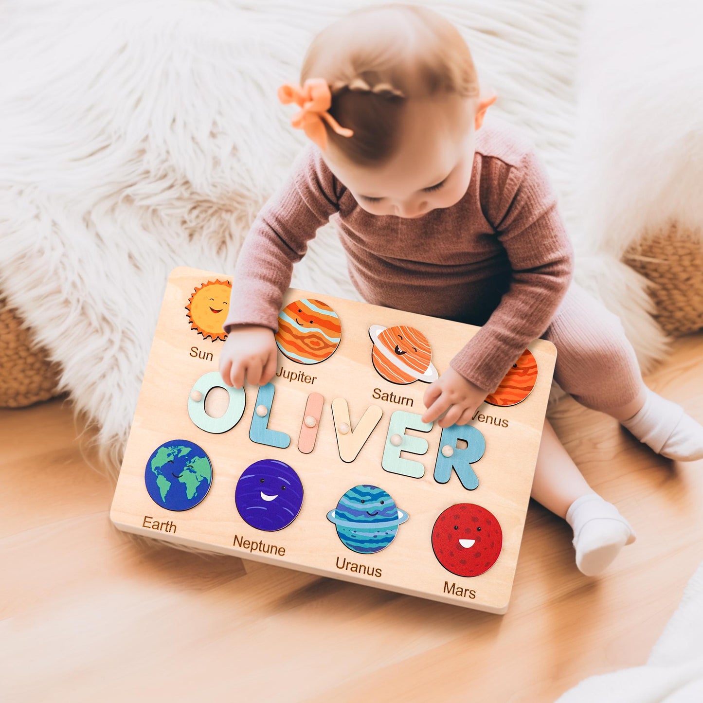 Personalized Baby Name Puzzle, Custom Kids Busy Board, Early Learning Puzzle, 1st Birthday Gift, 1st Christmas Gift, Wood Baby Planet Puzzle