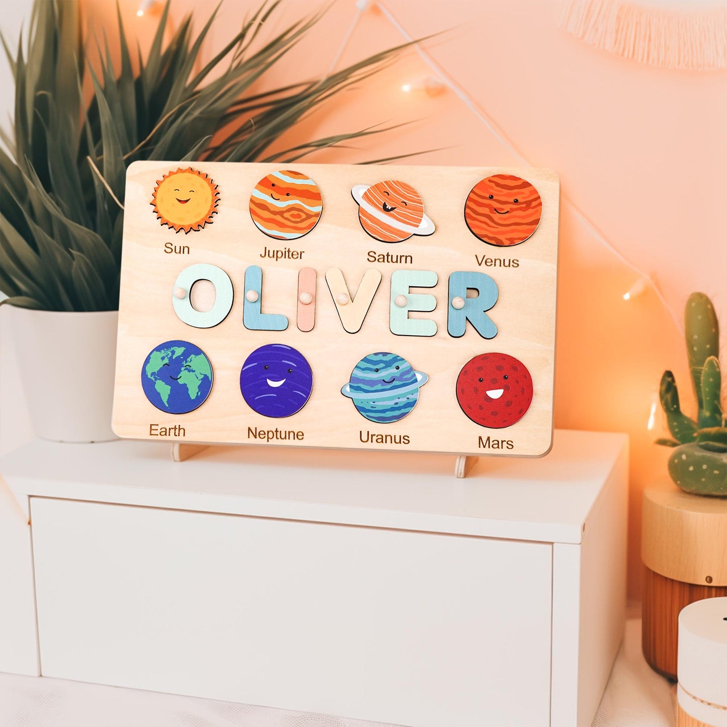 Personalized Baby Name Puzzle, Custom Kids Busy Board, Early Learning Puzzle, 1st Birthday Gift, 1st Christmas Gift, Wood Baby Planet Puzzle