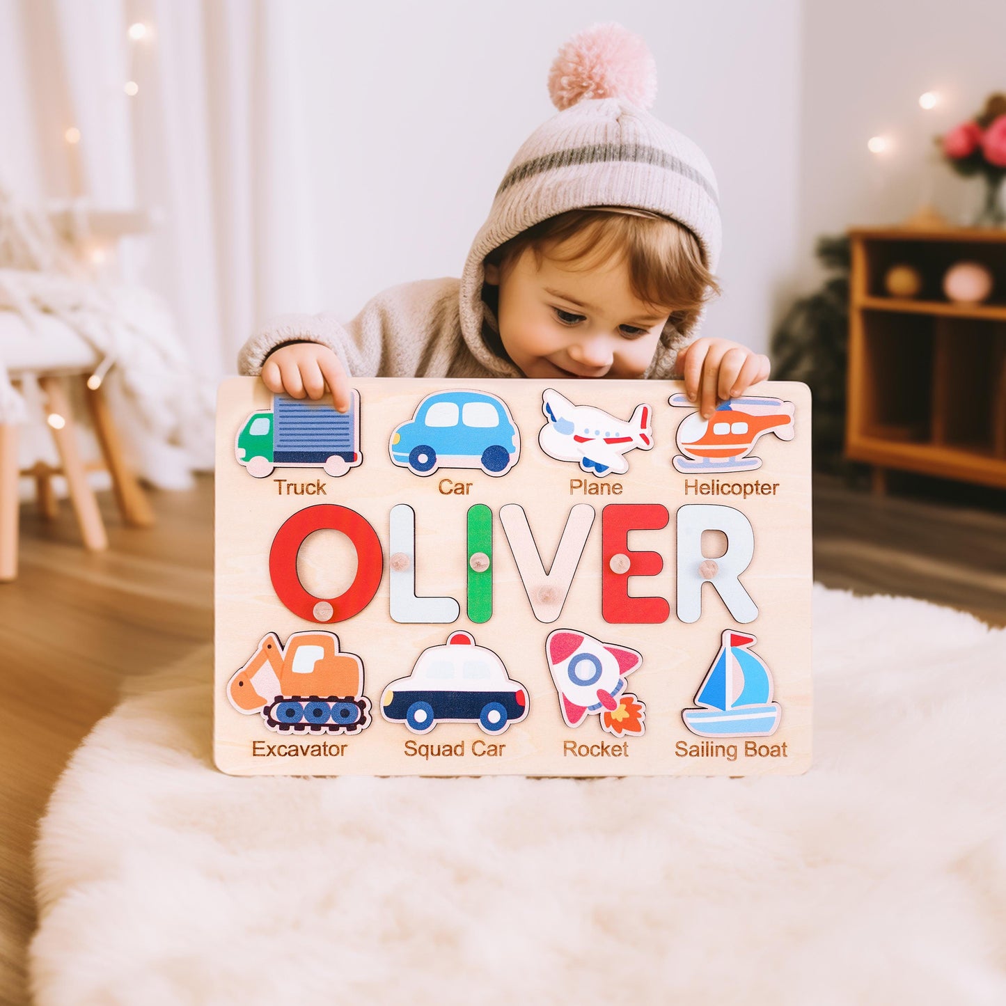 Personalized Baby Name Puzzle, Custom Kids Busy Board, Early Learning Puzzle, Christmas Gift for Kids, Boy 1st Gift, Wooden Baby Boy Car Toy