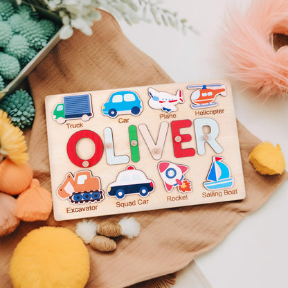 Personalized Baby Name Puzzle, Custom Kids Busy Board, Early Learning Puzzle, Christmas Gift for Kids, Boy 1st Gift, Wooden Baby Boy Car Toy