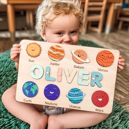 Personalized Baby Name Puzzle, Custom Kids Busy Board, Early Learning Puzzle, 1st Birthday Gift, 1st Christmas Gift, Wood Baby Planet Puzzle