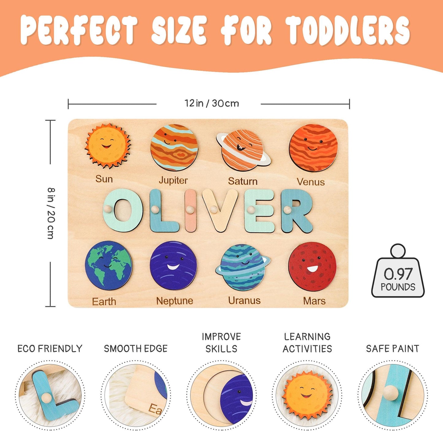 Personalized Baby Name Puzzle, Custom Kids Busy Board, Early Learning Puzzle, 1st Birthday Gift, 1st Christmas Gift, Wood Baby Planet Puzzle
