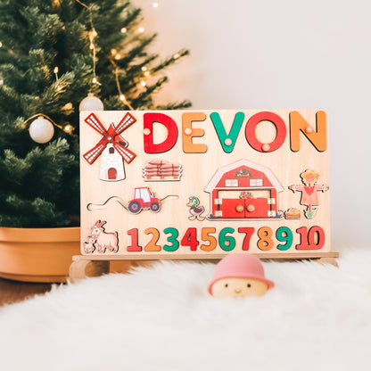 Personalized Baby Name Puzzle, Custom Kids Busy Board, Early Learning Puzzle, Baby Birthday Gift, Kids Christmas Gift, Wood Baby Farm Puzzle