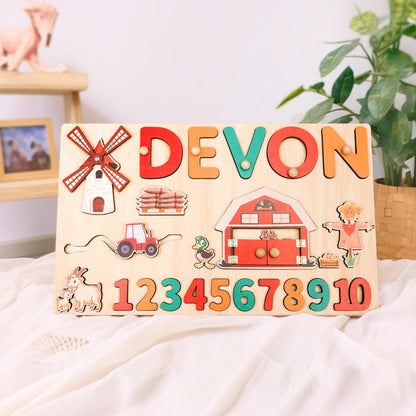 Personalized Baby Name Puzzle, Custom Kids Busy Board, Early Learning Puzzle, Baby Birthday Gift, Kids Christmas Gift, Wood Baby Farm Puzzle