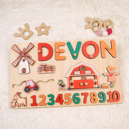 Personalized Baby Name Puzzle, Custom Kids Busy Board, Early Learning Puzzle, Baby Birthday Gift, Kids Christmas Gift, Wood Baby Farm Puzzle