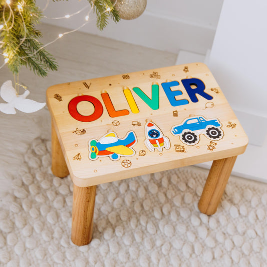 Wooden Name Step Stool. Toddler Stool Personalized. Birthday Gifts For Kids. Toddler Chair. Baby Boy Gift 1 2 3 Year Old. Name Puzzle Stool.