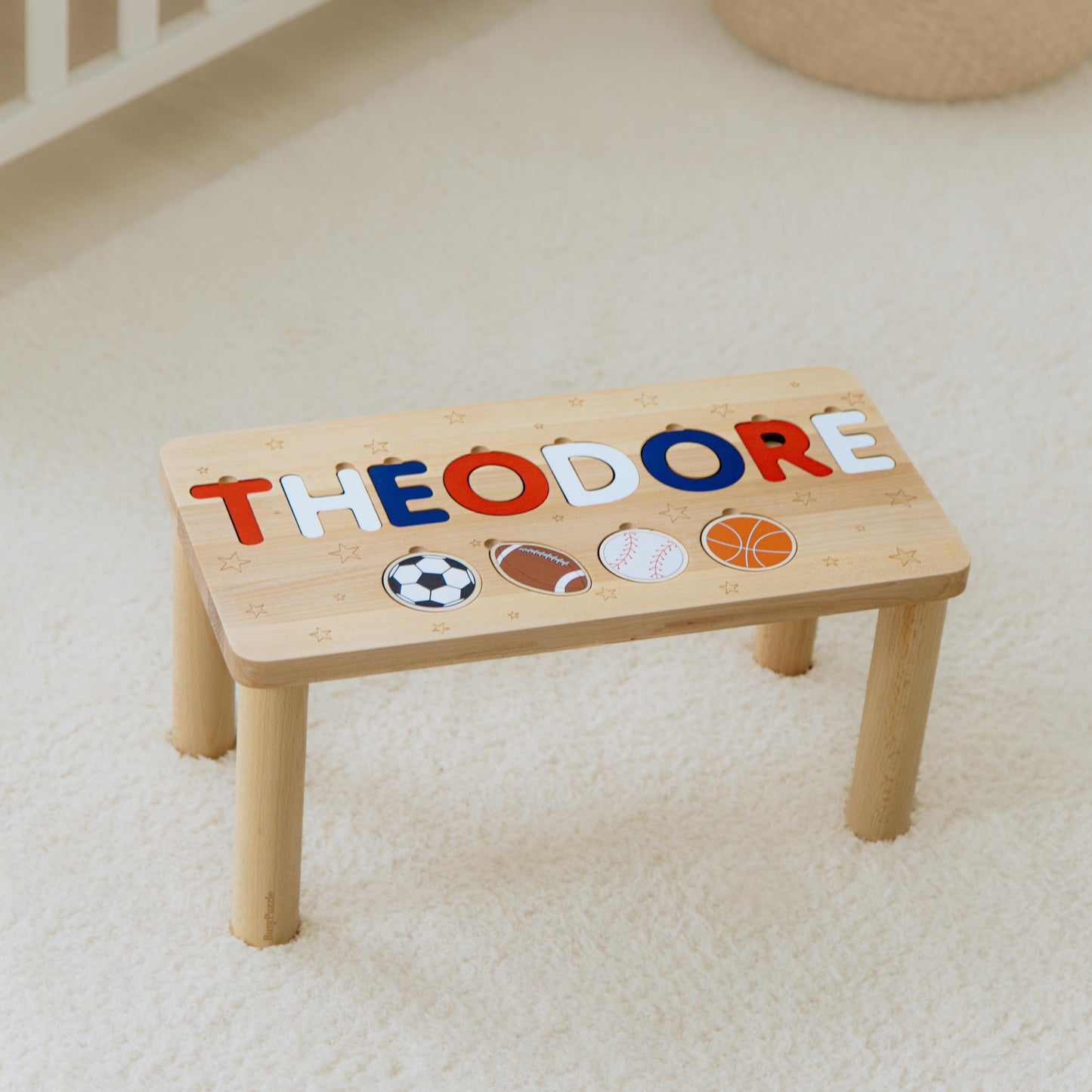 High Quality Name Puzzle Stool - Wooden Step Stool For Toddlers - Personalized Easter Gift For Grandson - Sport Nursery Decor