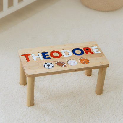 High Quality Name Puzzle Stool - Wooden Step Stool For Toddlers - Personalized Easter Gift For Grandson - Sport Nursery Decor