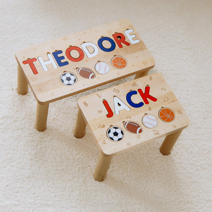 Wooden Kids Stool with Name, Personalized Sports Theme Gift, Custom Nursery & Playroom Decor, Made for Little Champions