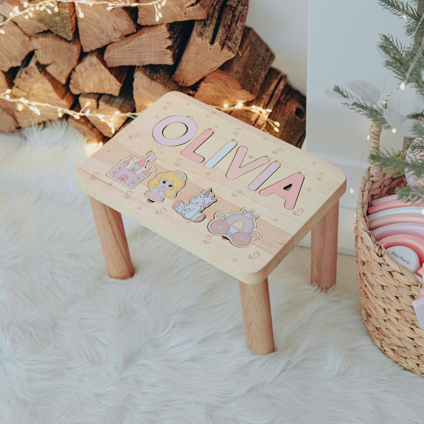 Personalized Toddler Step Stool Wooden Name Puzzle Stool Baptism Girl Gift 1 2 3 Year Old Gift Kids Helper Chair Custom Birthday Gifts