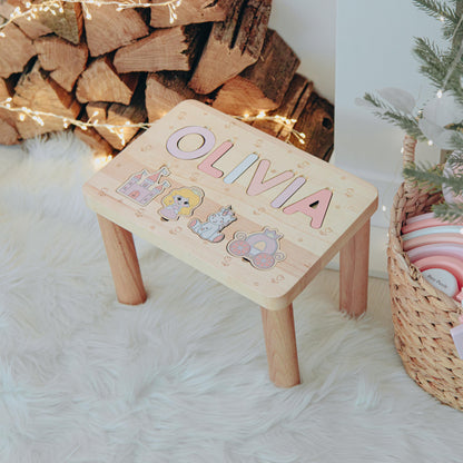 Personalized Toddler Step Stool Wooden Name Puzzle Stool Baptism Girl Gift 1 2 3 Year Old Gift Kids Helper Chair Custom Birthday Gifts