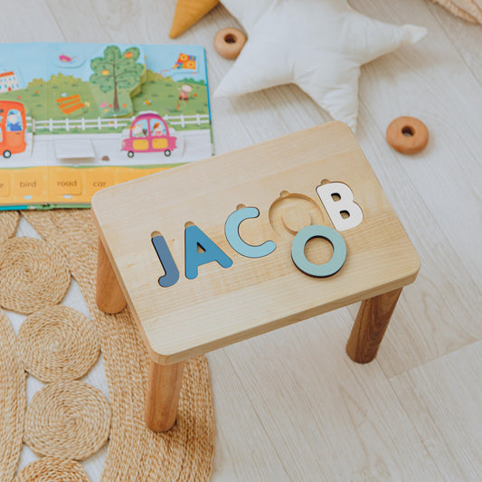 Blue Name Puzzle Stool - Montessori Furniture - Easter Gift For Toddlers and Kids