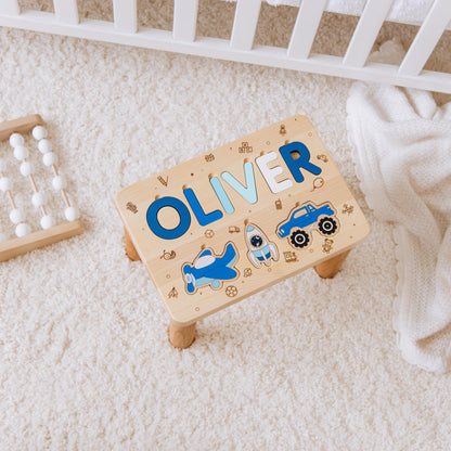 Custom Name Puzzle Stool Puzzle Step Stool First Birthday Gift Baby Keepsake Handcrafted Educational Gift Unique Toddler Toy Natural Wood