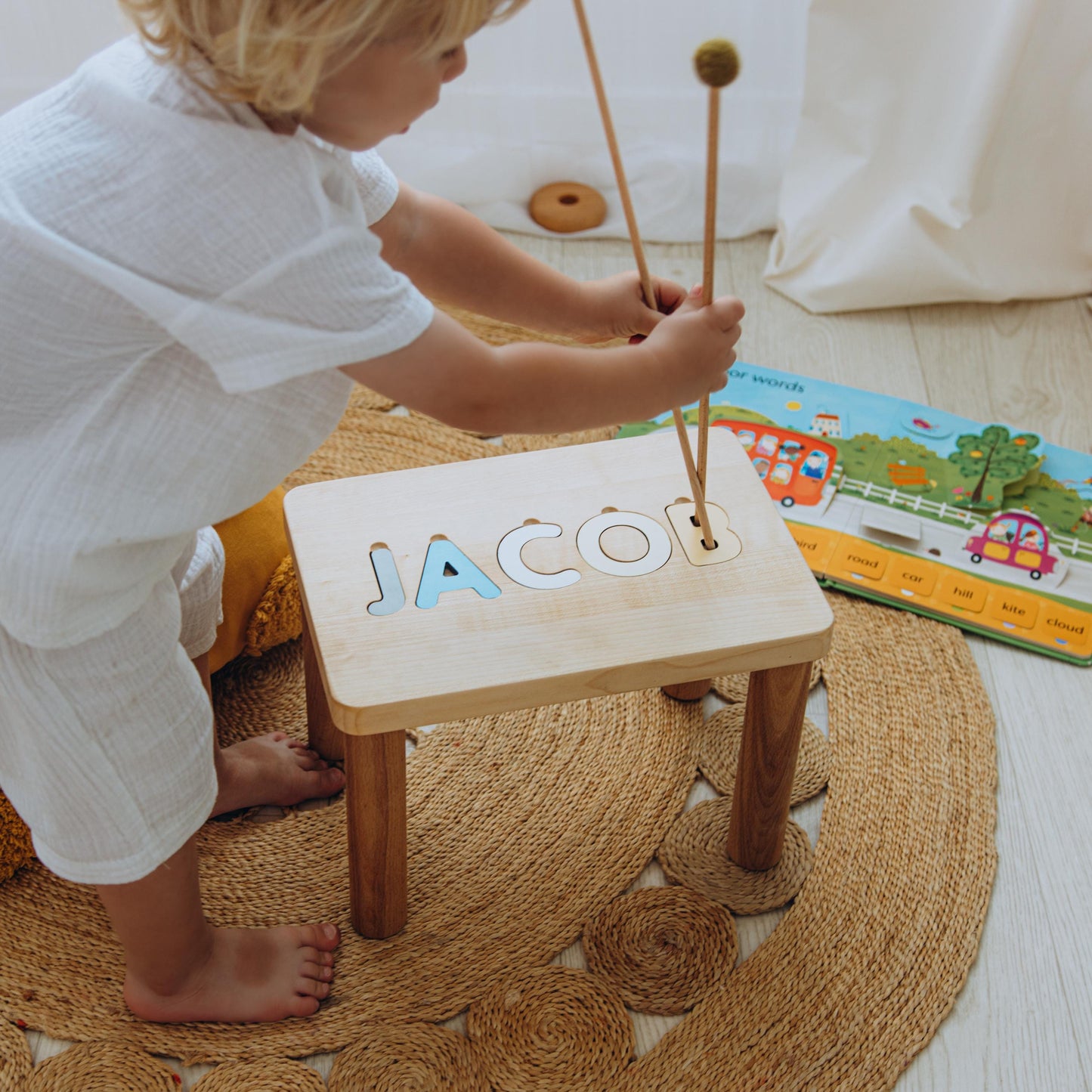 Children's Personalized Step Stool with Puzzle Piece Design Name Bench Kids Stool Baby Shower Gift 1st Birthday Engraved Birthday Present