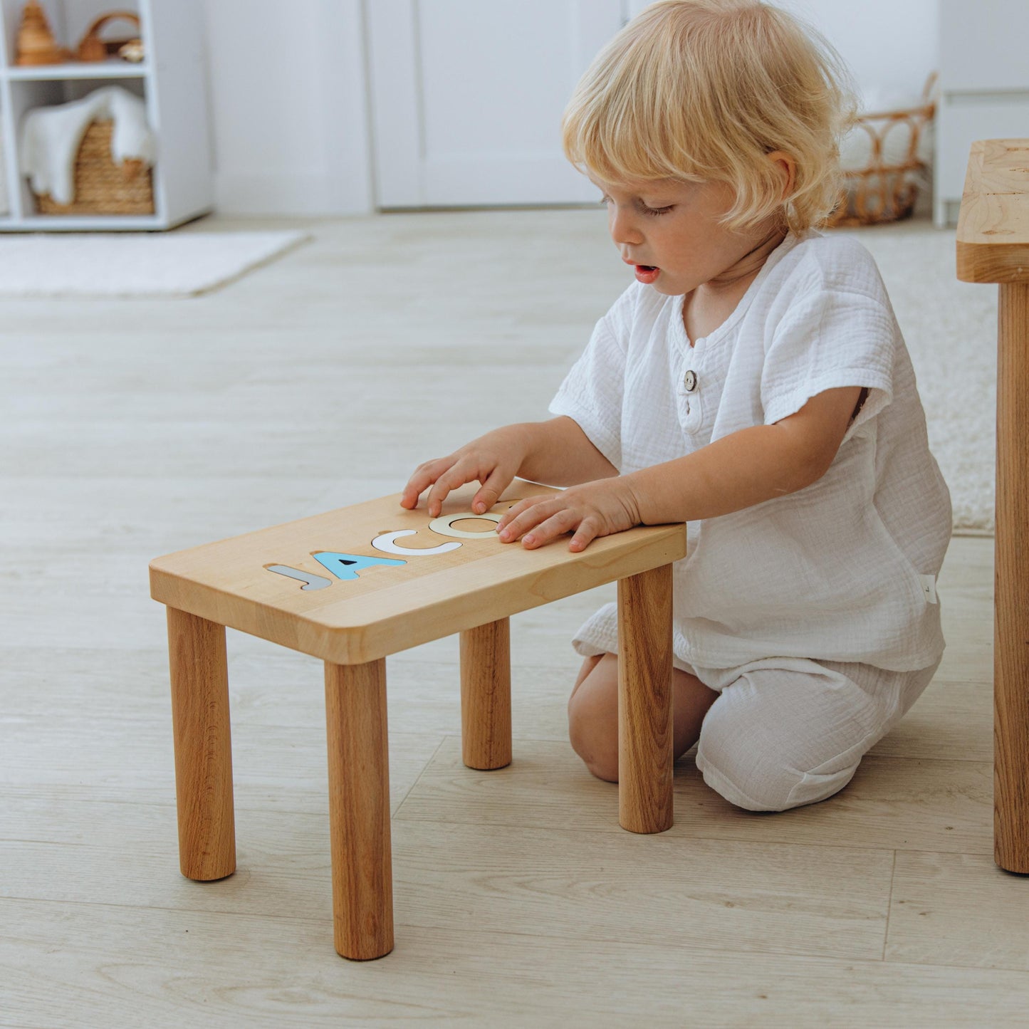 Blue Name Puzzle Stool - Montessori Furniture - Easter Gift For Toddlers and Kids