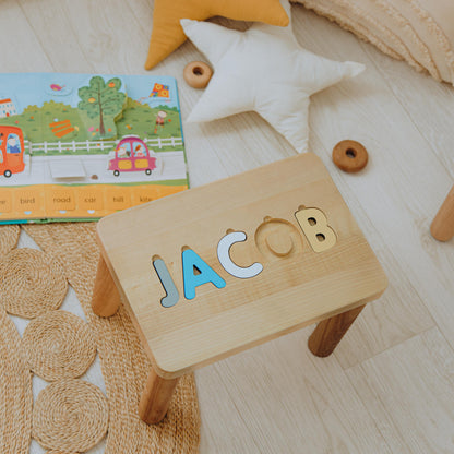 Blue Name Puzzle Stool - Montessori Furniture - Easter Gift For Toddlers and Kids