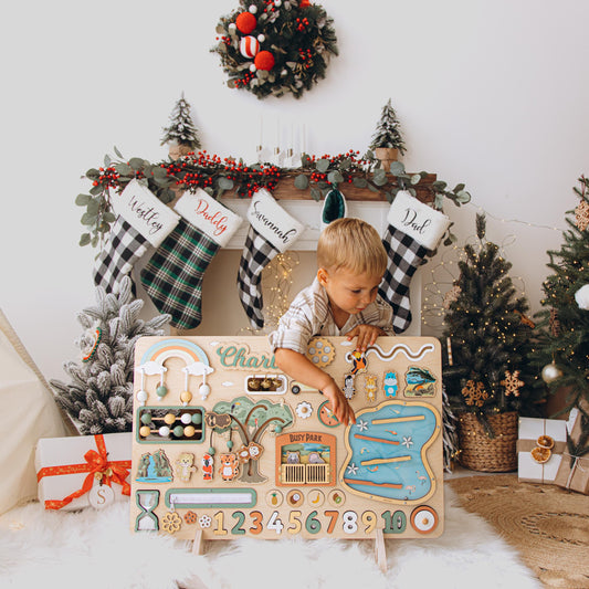 Wood Large Interactive Busy Board Personalized - 1st Birthday & First Christmas Gift For Son, Grandson, Godson, Nephew