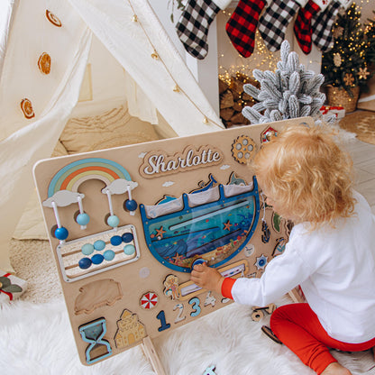 Wood Large Interactive Busy Board Personalized - 1st Birthday & First Christmas Gift For Son, Grandson, Godson, Nephew