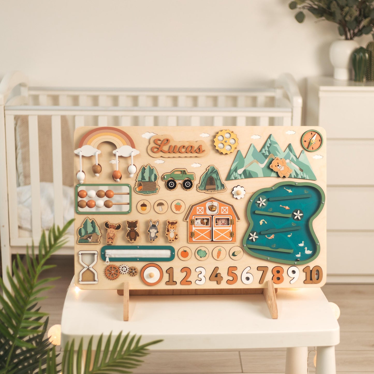 Personalized Activity Busy Board – Wooden Montessori Toy Gift for Kids Easter